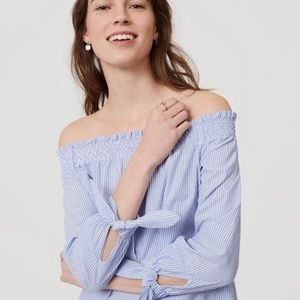 LOFT Blue Striped Off The Shoulder Top